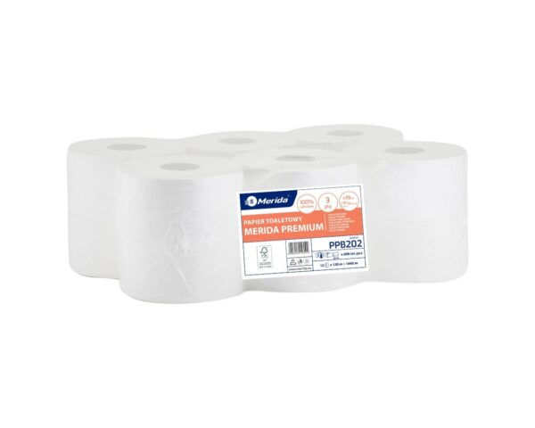 Papier toaletowy MERIDA PREMIUM, biały, średnica 19 cm, długość 120 m, trzywarstwowy, zgrzewka 12 szt.