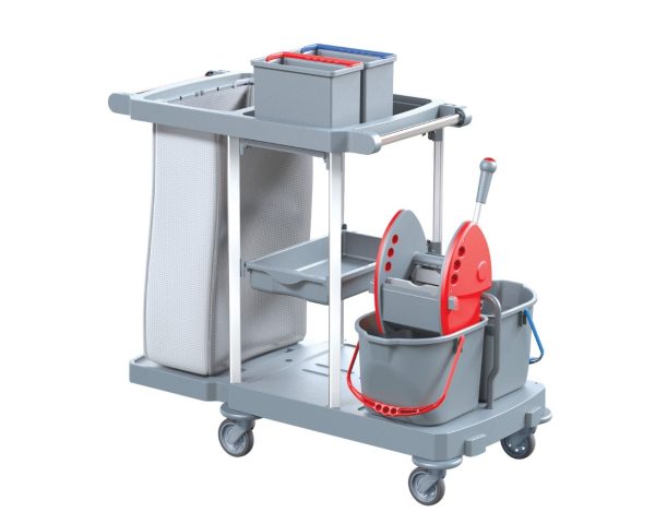 Wózek serwisowy do sprzątania, MERIDA OPERA, czerwona prasa, 2 x wiadro 15 l, 2 x wiaderko serwisowe 7 l, worek z tworzywa sztucznego